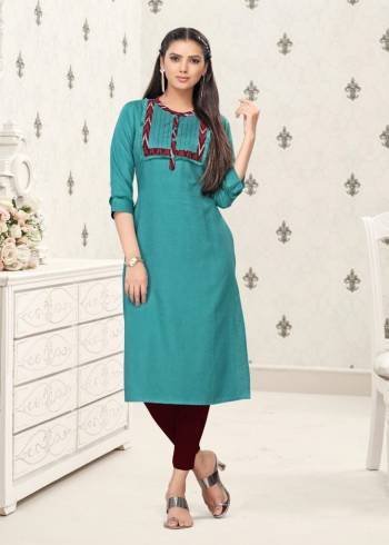 Here Is A Prefect Kurti For The Upcoming Festive Season In Fine Color. This Readymade Kurti Is Fabricated On Cotton Beautified With Thread Work. It Is Light In Weight And Available In All Regular Sizes. 

