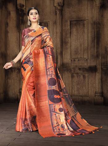 Look Attractive Wearing This Saree Paired With Blouse.  This Fancy Designer Digital Printed Saree Is Tusser Silk Based Which Gives A Rich Look To Your Personality. Buy This Pretty Saree Now.