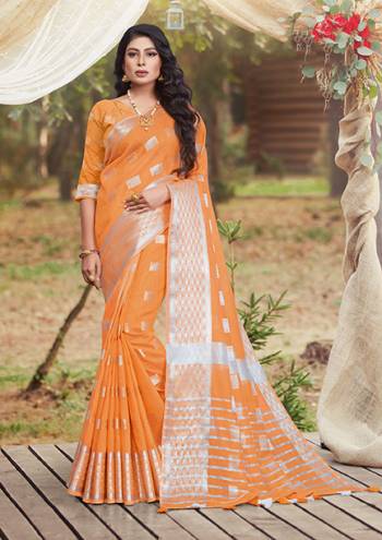 Look Attractive Wearing This Orange Saree Paired With Blouse.  This Fancy Designer Wevon Wark Saree Is Linen Based Which Gives A Rich Look To Your Personality. Buy This Pretty Saree Now.