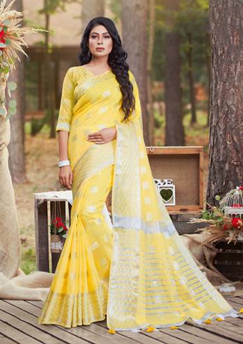 Look Attractive Wearing This Yellow Saree Paired With Blouse.  This Fancy Designer Wevon Wark Saree Is Linen Based Which Gives A Rich Look To Your Personality. Buy This Pretty Saree Now.