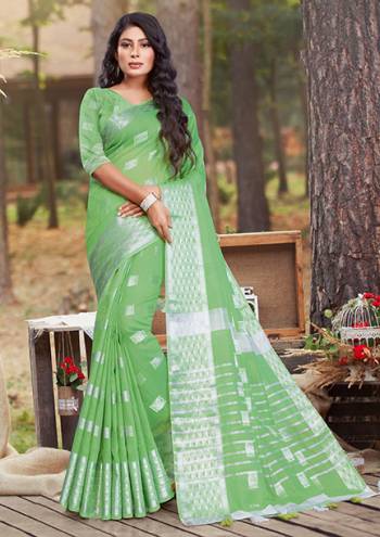 Look Attractive Wearing This Green Saree Paired With Blouse.  This Fancy Designer Wevon Wark Saree Is Linen Based Which Gives A Rich Look To Your Personality. Buy This Pretty Saree Now.