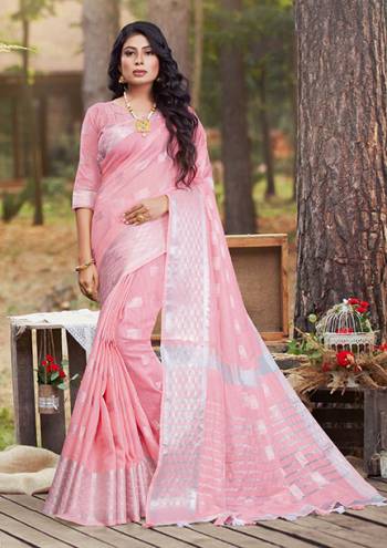 Look Attractive Wearing This Pink Saree Paired With Blouse.  This Fancy Designer Wevon Wark Saree Is Linen Based Which Gives A Rich Look To Your Personality. Buy This Pretty Saree Now.