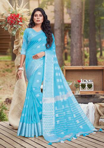 Look Attractive Wearing This Sky Blue Saree Paired With Blouse.  This Fancy Designer Wevon Wark Saree Is Linen Based Which Gives A Rich Look To Your Personality. Buy This Pretty Saree Now.