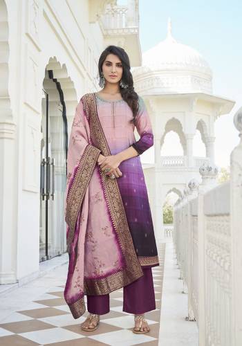 Attractive This Pretty Digital Printed Dress Material In Dusty Color. Its Top Are Modal Satin Silk And Bottom Are Fabricated On Dull Santoon Paired With Viscose Muslin Jacquard Fabricated Dupatta. Get This Stitched As Per Your Desired Fit And Comfort.