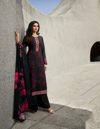 Add This Very Pretty Suit To Your Wardrobe In Black Color. This Designer Straight Suit Is Crepe Based Paired With Santoon Bottom and Chiffon Dupatta. Its Fabrics Are Soft Towards Skin, Light Weight And Easy To Carry Through out The Gala. 