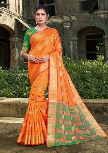 For A Proper Traditional Look, Grab This Heavy Weaved Silk Based?Designer Saree In Orange Color Paired with Green Colored Blouse. This Saree and Blouse Are Fabricated On Silk Which Gives A Rich Look To Your Personality