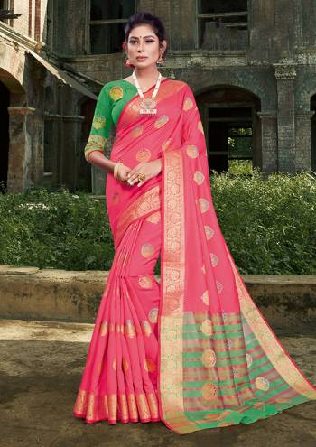 For A Proper Traditional Look, Grab This Heavy Weaved Silk Based?Designer Saree In Red Color Paired with Green Colored Blouse. This Saree and Blouse Are Fabricated On Silk Which Gives A Rich Look To Your Personality