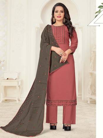 Here Is A Designer Embroidered Readymade Suits In Fine Dusty Color Paired With Dupatta. Its Top And Bottom Is Linen Slub Based Paired With Gadwal Cotton Fabricated Embroidered Dupatta. Its Fabrics Are Soft Towards Skin And Easy To Carry All Day Long