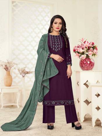 Here Is A Designer Embroidered Readymade Suits In Fine Dusty Color Paired With Dupatta. Its Top And Bottom Is Linen Slub Based Paired With Gadwal Cotton Fabricated Embroidered Dupatta. Its Fabrics Are Soft Towards Skin And Easy To Carry All Day Long