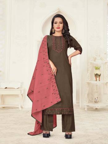 Here Is A Designer Embroidered Readymade Suits In Fine Dusty Color Paired With Dupatta. Its Top And Bottom Is Linen Slub Based Paired With Gadwal Cotton Fabricated Embroidered Dupatta. Its Fabrics Are Soft Towards Skin And Easy To Carry All Day Long