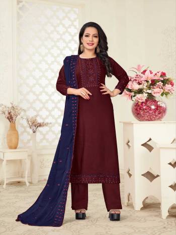 Here Is A Designer Embroidered Readymade Suits In Fine Dusty Color Paired With Dupatta. Its Top And Bottom Is Linen Slub Based Paired With Gadwal Cotton Fabricated Embroidered Dupatta. Its Fabrics Are Soft Towards Skin And Easy To Carry All Day Long