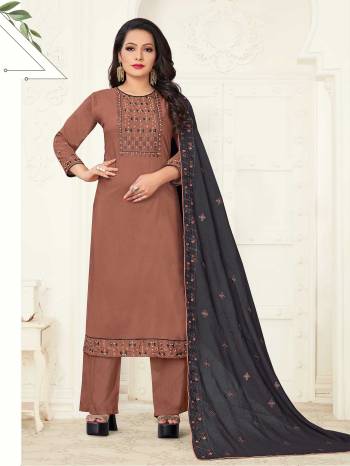 Here Is A Designer Embroidered Readymade Suits In Fine Dusty Color Paired With Dupatta. Its Top And Bottom Is Linen Slub Based Paired With Gadwal Cotton Fabricated Embroidered Dupatta. Its Fabrics Are Soft Towards Skin And Easy To Carry All Day Long