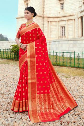 Here Is A Pretty Designer Saree In Red Color Paired With Red Colored Blouse. This Saree And Blouse Are Fabricated On Silk Beautified With Weaved Motifs And Broad Border.