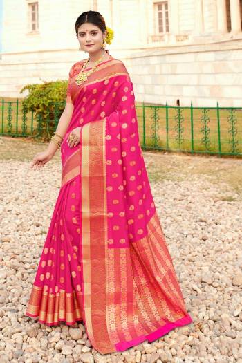 Here Is A Pretty Designer Saree In Pink Color Paired With Pink Colored Blouse. This Saree And Blouse Are Fabricated On Silk Beautified With Weaved Motifs And Broad Border.