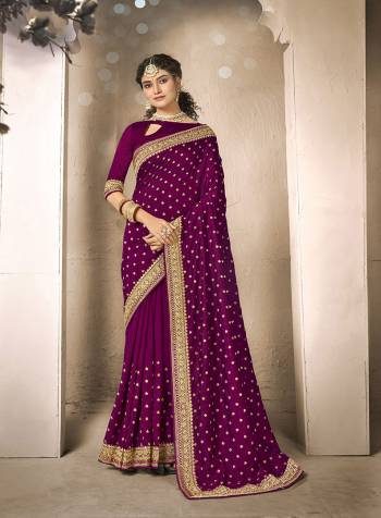 Adorn The Pretty Angelic Look Wearing This Heavy Jari Embroidery Designer Saree In Magenta Color Paired With Contrasting Magenta Colored Blouse. This Saree Is Fabricated On Vichitra Silk Paired With Blouse. Its Pretty Color Pallete Will Give An Attractive Look To Your Personality. 