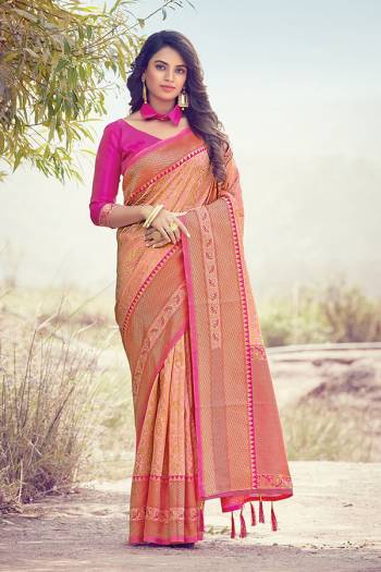 Grab This Heavy Weaved Silk Based?Designer Saree In Peach Color Paired with Pink Colored Blouse. This Saree and Blouse Are Fabricated On Silk Which Gives A Rich Look To Your Personality