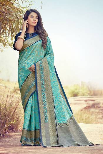 Grab This Heavy Weaved Silk Based?Designer Saree In Sky Blue Color Paired with Nevy Blue Colored Blouse. This Saree and Blouse Are Fabricated On Silk Which Gives A Rich Look To Your Personality