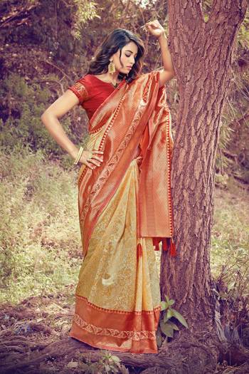 Grab This Heavy Weaved Silk Based?Designer Saree In Creem Color Paired with Red Colored Blouse. This Saree and Blouse Are Fabricated On Silk Which Gives A Rich Look To Your Personality