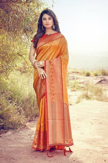 Grab This Heavy Weaved Silk Based?Designer Saree In Musterd Color Paired with Red Colored Blouse. This Saree and Blouse Are Fabricated On Silk Which Gives A Rich Look To Your Personality