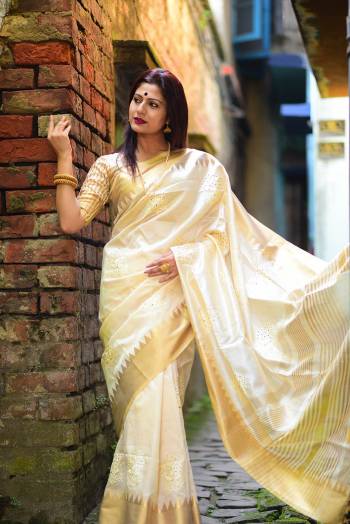 Celebrate This Festive Season In This Very Pretty White Colored Designer Saree Paired With Contrasting White Colored Blouse. This Saree and Blouse Are Assam Silk Based Beautified With Wevon Jari Designer Saree. 