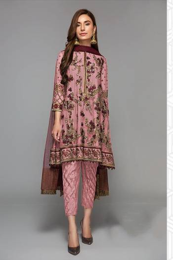 Grab This Beautiful Heavy Designer Pakistani Straight Suit In Light Color Paired With Maroon Colored Dupatta. Its Heavy Embroidered And Diamond Work Top Is Fabricated On Faux Georgette Paired With Santoon Bottom and Butterfly Net Fabricated Dupatta. 

