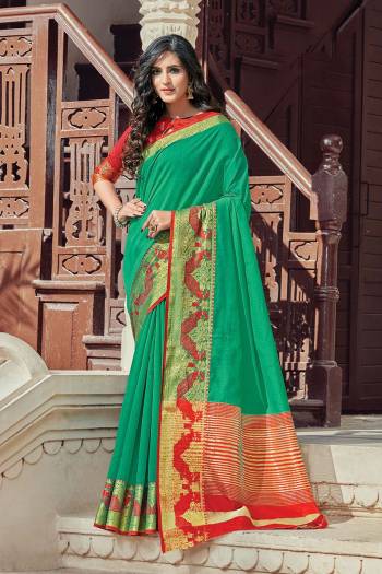 Adorn The Pretty Angelic Look Wearing This Wevon Designer Saree In Fine Color Paired With Contrasting Colored Blouse. This Saree Is Fabricated On Cotton Handloom Paired With Blouse. Its Pretty Color Pallete Will Give An Attractive Look To Your Personality. 