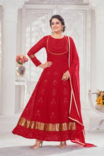 Look Pretty This Designer Floor Length Suit In Lovely Red Color.?Its Pretty Embroidred Top Is Georgette Based Paired With Santoon Bottom And Chiffon Fabricated Embroidered Dupatta Which Gives An Attractive To The Suit.