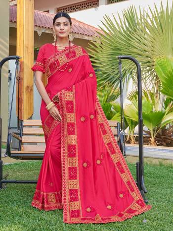 Look Attractive Wearing This Pink Colored Saree Paired With Pink Colored Blouse.  This Heavy Designer Embroidery Saree Is Vichitra Silk Based Which Gives A Rich Look To Your Personality. Buy This Pretty Saree Now.