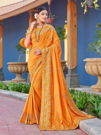 Look Attractive Wearing This Yellow Colored Saree Paired With Yellow Colored Blouse.  This Heavy Designer Embroidery Saree Is Vichitra Silk Based Which Gives A Rich Look To Your Personality. Buy This Pretty Saree Now.