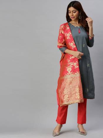 Look Pretty This Designer Floor Length Suit In Lovely  Color.?Its Pretty Designer Top Is Cotton Slub Based Paired With Cotton Bottom And Banarsi Art Silk Fabricated Dupatta Which Gives An Attractive To The Suit.