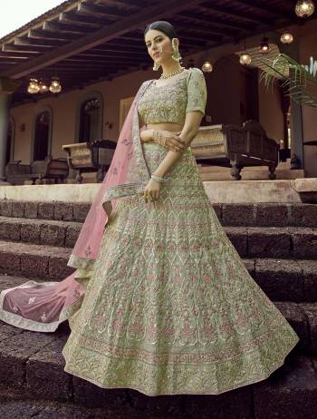 Heavy Designer Lehenga Choli In Olive Color Fabricated On Georgette Beautified With Soft Net Fabricated Dupatta Heavy Attractive Embroidery. 