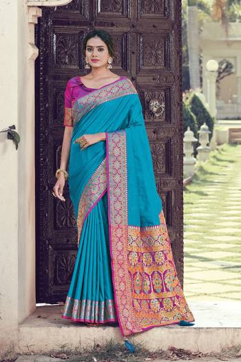 For A Decent And Formal Look, Grab This Pretty Elegant Looking Saree In Dark Color Paired With Contrasting Colored Blouse. This Saree And Blouse Are Fabricated On Silk Beautified With Broad Weaved Border.