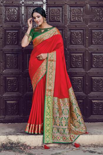 For A Decent And Formal Look, Grab This Pretty Elegant Looking Saree In Dark Color Paired With Contrasting Colored Blouse. This Saree And Blouse Are Fabricated On Silk Beautified With Broad Weaved Border.