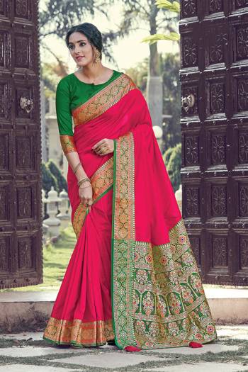 For A Decent And Formal Look, Grab This Pretty Elegant Looking Saree In Dark Color Paired With Contrasting Colored Blouse. This Saree And Blouse Are Fabricated On Silk Beautified With Broad Weaved Border.