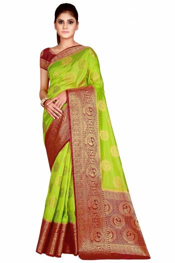 Adorn The Pretty Angelic Look Wearing This Weving Designer Rich Pallu Saree In Fine Color Paired With Contrasting Colored Blouse. This Saree Is Fabricated On Nylon Silk Paired With Nylon Silk Fabricated Blouse. Its Pretty Color Pallete Will Give An Attractive Look To Your Personality. 