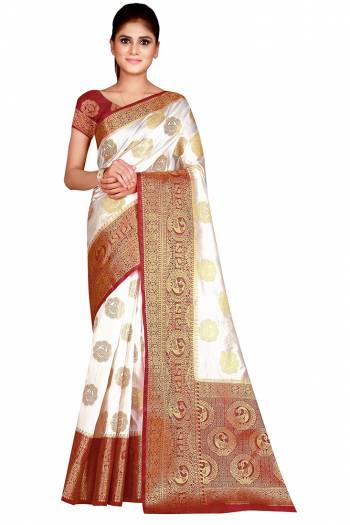 Adorn The Pretty Angelic Look Wearing This Weving Designer Rich Pallu Saree In Fine Color Paired With Contrasting Colored Blouse. This Saree Is Fabricated On Nylon Silk Paired With Nylon Silk Fabricated Blouse. Its Pretty Color Pallete Will Give An Attractive Look To Your Personality. 