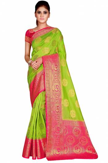 Adorn The Pretty Angelic Look Wearing This Weving Designer Rich Pallu Saree In Fine Color Paired With Contrasting Colored Blouse. This Saree Is Fabricated On Nylon Silk Paired With Nylon Silk Fabricated Blouse. Its Pretty Color Pallete Will Give An Attractive Look To Your Personality. 