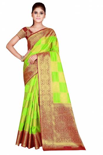 Adorn The Pretty Angelic Look Wearing This Heavy Weaving Jacquard Designer Saree In Fine Color Paired With Contrasting Colored Blouse. This Saree Is Fabricated On Nylon Silk Paired With Blouse. Its Pretty Color Pallete Will Give An Attractive Look To Your Personality. 
