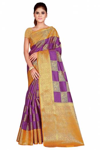 Adorn The Pretty Angelic Look Wearing This Heavy Weaving Jacquard Designer Saree In Fine Color Paired With Contrasting Colored Blouse. This Saree Is Fabricated On Nylon Silk Paired With Blouse. Its Pretty Color Pallete Will Give An Attractive Look To Your Personality. 
