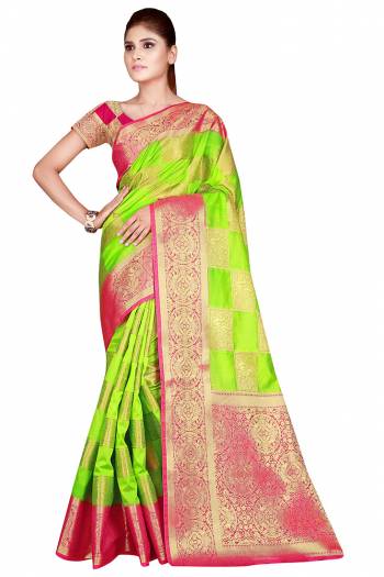 Adorn The Pretty Angelic Look Wearing This Heavy Weaving Jacquard Designer Saree In Fine Color Paired With Contrasting Colored Blouse. This Saree Is Fabricated On Nylon Silk Paired With Blouse. Its Pretty Color Pallete Will Give An Attractive Look To Your Personality. 
