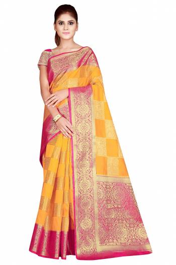 Adorn The Pretty Angelic Look Wearing This Heavy Weaving Jacquard Designer Saree In Fine Color Paired With Contrasting Colored Blouse. This Saree Is Fabricated On Nylon Silk Paired With Blouse. Its Pretty Color Pallete Will Give An Attractive Look To Your Personality. 
