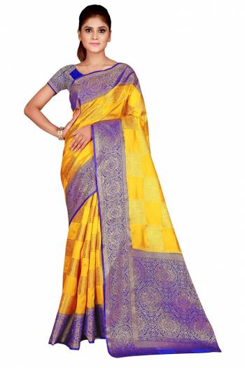 Adorn The Pretty Angelic Look Wearing This Heavy Weaving Jacquard Designer Saree In Fine Color Paired With Contrasting Colored Blouse. This Saree Is Fabricated On Nylon Silk Paired With Blouse. Its Pretty Color Pallete Will Give An Attractive Look To Your Personality. 
