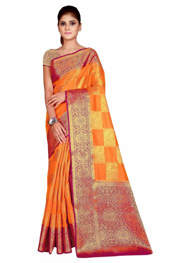 Adorn The Pretty Angelic Look Wearing This Heavy Weaving Jacquard Designer Saree In Fine Color Paired With Contrasting Colored Blouse. This Saree Is Fabricated On Nylon Silk Paired With Blouse. Its Pretty Color Pallete Will Give An Attractive Look To Your Personality. 
