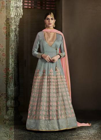 Look Pretty This Designer Floor Length Suit In Lovely  Color.?Its Pretty Embroidred Top Is Silk Based Paired With Santoon Bottom And Chiffon Fabricated Embroidered Dupatta Which Gives An Attractive To The Suit.