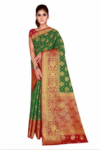 Celebrate This Festive Season In This Very Pretty Weaving Jacquard Designer Saree Paired With Contrasting Colored Blouse. This Saree and Blouse Are Nylon Silk Based Beautified Saree. 
