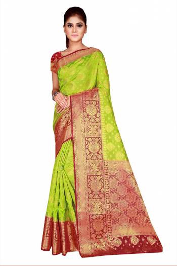 Celebrate This Festive Season In This Very Pretty Weaving Jacquard Designer Saree Paired With Contrasting Colored Blouse. This Saree and Blouse Are Nylon Silk Based Beautified Saree. 
