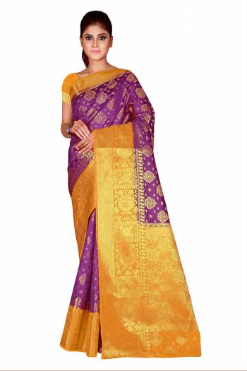 Celebrate This Festive Season In This Very Pretty Weaving Jacquard Designer Saree Paired With Contrasting Colored Blouse. This Saree and Blouse Are Nylon Silk Based Beautified Saree. 
