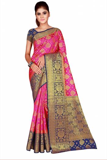 Celebrate This Festive Season In This Very Pretty Weaving Jacquard Designer Saree Paired With Contrasting Colored Blouse. This Saree and Blouse Are Nylon Silk Based Beautified Saree. 
