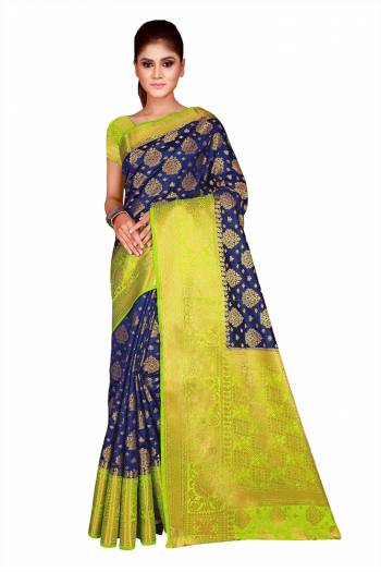 Celebrate This Festive Season In This Very Pretty Weaving Jacquard Designer Saree Paired With Contrasting Colored Blouse. This Saree and Blouse Are Nylon Silk Based Beautified Saree. 
