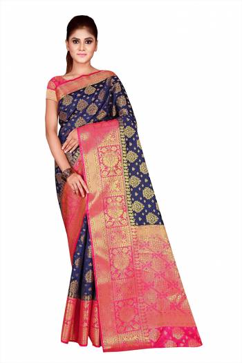 Celebrate This Festive Season In This Very Pretty Weaving Jacquard Designer Saree Paired With Contrasting Colored Blouse. This Saree and Blouse Are Nylon Silk Based Beautified Saree. 
